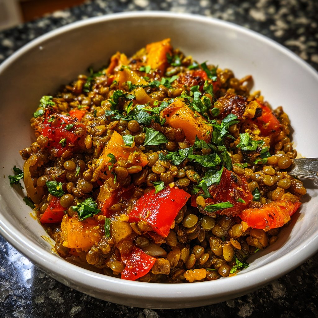 Vegetarisches Abendessen mit Linsenpfanne